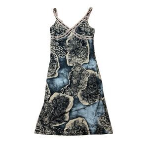 Y2K Vintage Be Cool Abstract print lace print and trim midi dress black tan med